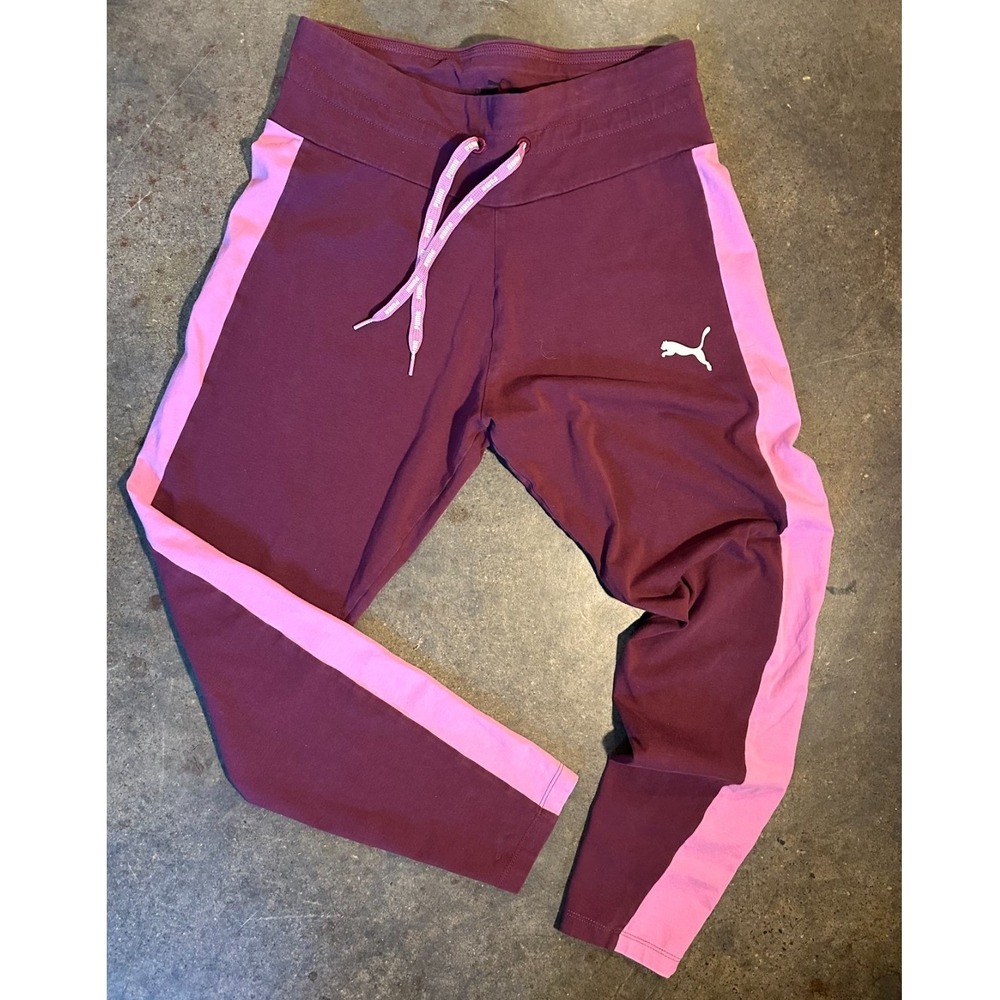 Puma Women's Joggers Large Burgundy Pink Side Stripe Athletic Sweatpants